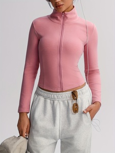 Slim Fit Zipper Thumb Holes Gym Jackets Running Fitness Yoga Sports <b>Crop</b> <b>Zip</b> <b>up</b> Workout Women Gym Jacket - Product Image 3