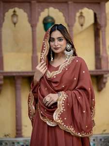 Conjunto de traje Anarkali marrón de lujo, listo para usar, con borde festoneado, Gota Patti, Dupatta, Salwar, Anarkali, Kurta, conjunto de pantalón con vestido largo - Product Image 5