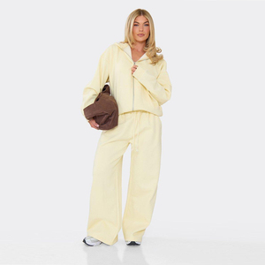 Women's Yellow Fleece Hooded Tracksuit Set Loose Fit Full Length Casual Two Piece Sweatshirt And Pants - Product Image 2