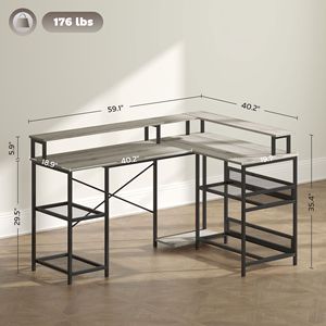 Scrivania ad angolo a L grigia per ufficio domestico con spazio contenitivo, luci LED, prese di corrente e libreria - Product Image 3