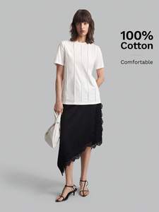 Custom Beige 100% Cotton Tee Women's Shirts Pleated Vertical Seam Short Sleeve T-Shirt Y2K Trendy Embroidery Logo Plus Size <b>Tops</b> - Product Image 4