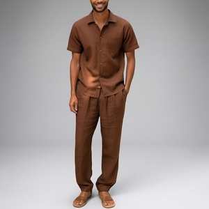 Ensemble de vêtements décontractés pour hommes, best-seller, 100% lin, chemises à manches courtes et pantalons, haute qualité, luxe, méthode de tricotage solide - Product Image 2