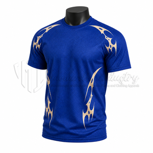 เสื้อฟุตบอลสีน้ำเงินแบบกำหนดเองสำหรับผู้ชาย แขนสั้น ผ้าตาข่าย ระบายอากาศได้ดี ทรงแอธเลติก พิมพ์ลายสีทอง คอกลม เสื้อกีฬา - Product Image 3