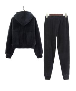 Conjunto Casual de Dos Piezas para Mujer, 2 Piezas, Sudadera con Capucha de Forro Polar Ecológico, Cierre de Cremallera, Patrón Bordado, Decoración con Botones, Traje Grueso - Product Image 2