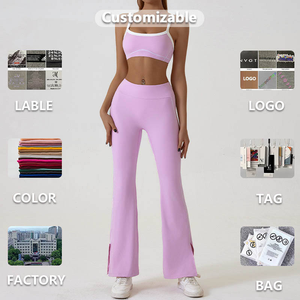 Seamless Breathable 100% Polyester Wrinkle-Resistant Yoga Set Mid Waist Full Length <b>Flared</b> <b>Leggings</b> Crop Top Spaghetti Strap - Product Image 6