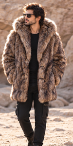 <b>Men's</b> Faux Fox Fur Parka Hooded Overcoat Thick Winter <b>Coat</b> Regular Fit Single Button Solid Color Outerwear - Product Image 4