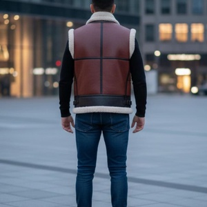 <b>Mens</b> Two Tone Leather Shearling Vest <b>Sheepskin</b> Winter Warm Fur <b>Gilet</b> Motorcycle Biker Jacket Sleeveless Aviator Patchwork Coat - Product Image 6