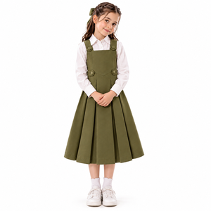 Robe d'uniforme scolaire vert olive pour filles, chemisier blanc à manches longues, jupe plissée, détail boutonné, élégante, pour l'école des enfants - Product Image 1