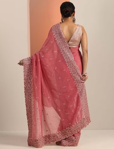 Sari Tradicional KV Peach Silk Blend con Adornos para Fiesta, con Blusa Sin Coser, Sin Arrugas y Reversible - Product Image 2