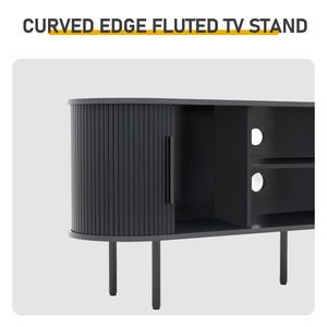 Soporte de TV de tablero de partículas negro con relieve y puertas correderas de listones, centro de entretenimiento con mesa ovalada de 147x35x58cm y diseño moderno - Product Image 4