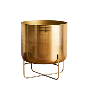 Pot de fleurs moderne en métal doré avec support en bois de manguier, finition laiton élégante, pot à fleurs en fer, bois massif, décoration intérieure et jardin. - Product Image 4