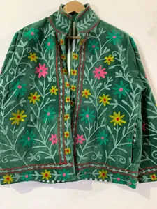 Vintage Green <b>Velvet</b> Embroidered Suzani <b>Jacket</b> with Floral Pattern Full Sleeve Stand Collar Bohemian <b>Women's</b> Autumn Outerwear - Product Image 5