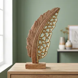 Décoration de table en forme de feuille métallique avec base en bois, sculpture décorative en forme de feuille pour la maison, le bureau, le salon, centre de table - Product Image 4