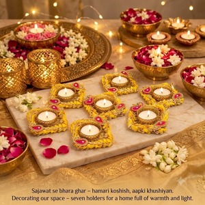 Support de bougie artisanal en laiton, écologique et durable, design floral Gota Patti moderne et luxueux, traditionnel pour la maison, idéal pour Diwali - Product Image 5