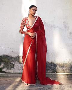 <b>Red</b> Georgette Saree with Embroidered <b>Blouse</b> Traditional Indian Wedding Wear for <b>Women</b> Floor-Length Regular Fit - Product Image 1