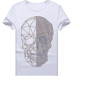 เสื้อยืดแขนสั้นผู้ชาย ลายหัวกะโหลกประดับเพชร คอกลม ทรงปกติ สไตล์สตรีท ผ้าคอตตอนเจอร์ซีย์ 100% ผ้าฝ้ายประดับเพชร - Product Image 4