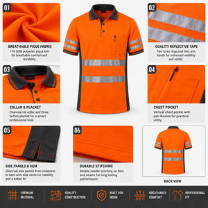 Unisex Orange Hi Vis Reflective <b>Waterproof</b> Plus Size <b>Work</b> Polo Shirt Short Sleeve Cotton Uniform Chest Pocket Safety Stripes - Product Image 2