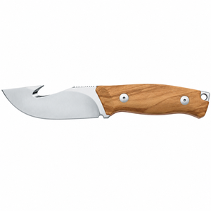 Cuchillos de caza de hoja fija con mango de madera marrón natural, hoja con gancho para tripas plateado, empuñadura remachada y orificio para cordón para uso en campo - Product Image 1