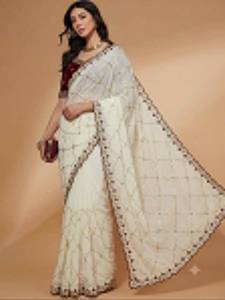 Sari de Georgette Morado con Estrellas de Moda Leranath, con Lentejuelas y Bordados, con Piezas de Blusa, para Bodas, Fiestas, Diwali, Atuendo Femenino - Product Image 2