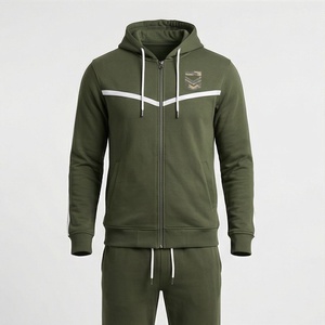 Survêtement à capuche vert olive pour homme, fermeture éclair intégrale, couleur unie, vêtements de sport décontractés avec poches latérales et design à rayures blanches - Product Image 1