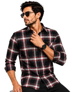 Chemise en flanelle à carreaux noirs et rouges pour homme, coupe ajustée, manches longues, boutonnée, en coton, style décontracté, tendance, fabriquée sur mesure - Product Image 1