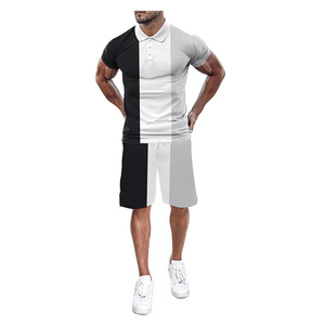 ชุดกางเกงขาสั้นสองชิ้นลายปะติดสีดำและสีเทาสำหรับผู้ชาย เสื้อโปโลแขนสั้นและชุดกางเกงขาสั้น ดีไซน์ใหม่ ชุดสตรีทแวร์ฤดูร้อน - Product Image 2