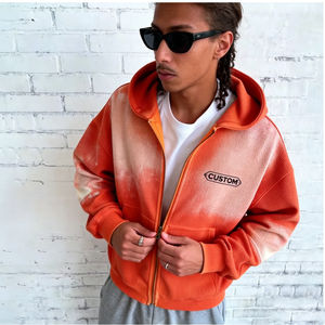 Sudadera con capucha para hombre, informal, estilo urbano, con cremallera, oversize, con bolsillos, personalizable, con estampado tie-dye naranja y blanco, de canalé, venta al por mayor de fábrica - Product Image 1