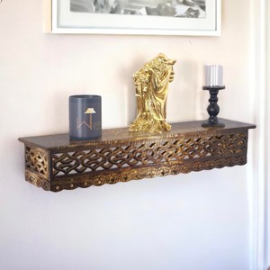 Estante de pared ornamental de madera de Sheesham tallado a mano de 28 pulgadas, caoba, venta al por mayor - Product Image 1