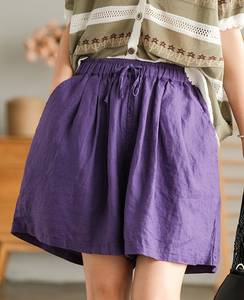 Women's Purple Linen Shorts High Waist <b>Drawstring</b> Loose Fit Casual Style Solid Color Breathable Woven Fabric - Product Image 1
