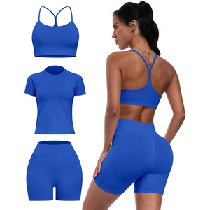 <b>Blue</b> 3 Piece Yoga Set Racerback Sports <b>Bra</b> Crop Top High Waist Shorts Seamless Activewear Solid Color Breathable Workout Wear - Product Image 1