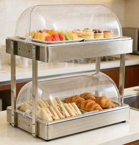 2 Tier Stainless Steel <b>Buffet</b> Food Display Stand with Roll Top Clear Cover Double Layer Sandwich Cake Pastry <b>Server</b> - Product Image 1