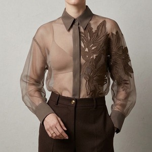 <b>Women's</b> Luxury Sheer Organza Shirt Elegant Floral Embroidery <b>Long</b> Sleeve Button-Up Designer Casual <b>Blouse</b> Tops Spring/Summer - Product Image 1
