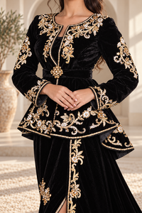 Robe Caftan Marocaine Noire Élégante avec Broderie Florale Dorée, Perles de Cristal, Ceinture Ornée de Bijoux, Ourlet Sirène, Longueur Maxi, pour Soirée - Product Image 6