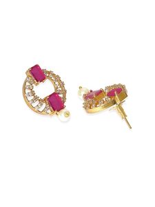 Ensemble collier et boucles d'oreilles géométriques plaqués or avec cristaux roses et perles d'imitation pour femmes, bijoux de fête - Product Image 3