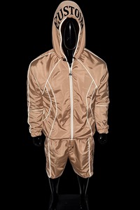 Men's Beige Hooded Windproof <b>Jacket</b> With White Stripe Zipper Closure Casual Autumn Wear Polyester Material - Product Image 5