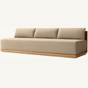 Un sofá para tres personas hecho de madera de teca con espuma suave y duradera, ideal para uso en interiores y exteriores. - Product Image 3