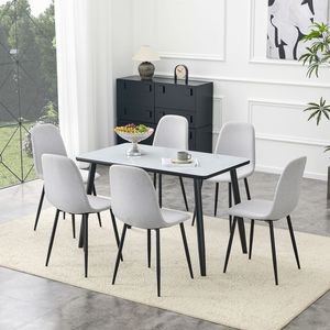 Tavolo da Pranzo Moderno Bianco con Effetto Marmo, Piano in Vetro, Base Inferiore in MDF Nero e Gambe in Metallo Nero, Set Tavolo e Sedie - Product Image 1