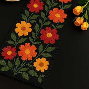 Handmade Beaded Floral Table <b>Runner</b> Rectangle Fabric Bohemian Design Black with <b>Red</b> Orange Yellow Flowers - Product Image 2