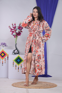 Bata Larga Estampada Floral para Mujer, Manga Larga, Cuello en V, Algodón Suave y Fibra de Bambú, Ropa de Dormir Informal con Cierre de Cordón - Product Image 2