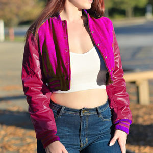 Chaqueta Corta Estilo Universitaria para Mujer, Azul Marino y Marrón, Estilo Bomber, Mangas de Cuero Sintético, Ropa Exterior Informal, Moda Femenina - Product Image 2