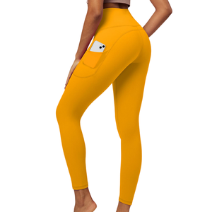 Leggings jaunes taille haute avec poches, pantalon de yoga extensible pleine longueur pour femmes, nouveau style en tissu tricoté - Product Image 2