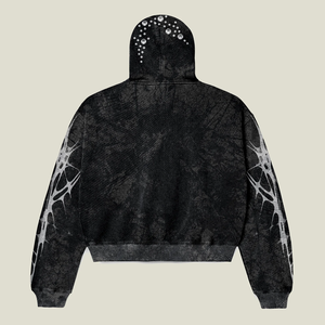 Gothic Hooded Zipper <b>Jacket</b> With <b>Rhinestone</b> Skeleton Print Men's Oversized Black Sweatshirt Winter Style - Product Image 3