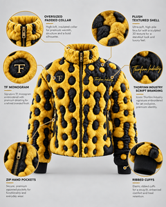 Veste matelassée en fausse fourrure Thorfinn Industry pour homme, motif à pois noir et jaune, logo brodé, manteau streetwear d'hiver, prix avantageux - Product Image 4