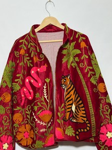 Eclectic Styling Hand Embroidered Suzani <b>Velvet</b> Jacket Tiger Snake Maroon Palm Tree Artwork Outwear Statement Floral Boho <b>Coat</b> - Product Image 3