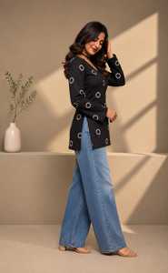 Kurta d'été noir imprimé en rayonne, coupe droite simple, col en V, manches longues, style décontracté, pour femme, style Inde Pakistan - Product Image 4