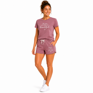 Women's Purple Cotton T-Shirt & Shorts Set With Inspirational Print Breathable Pullover Tops And Drawstring Shorts For Adults - Product Image 1
