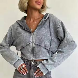 Sudadera con capucha y cremallera para mujer, de forro polar corto, transpirable, con lavado ácido, estilo oversize hip hop, con insignia, 100% algodón - Product Image 2