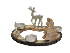 Portavelas Decorativo de Reno Plateado y Árbol de Madera con Base de Madera con Borde Natural, Centro de Mesa Navideño - Product Image 2