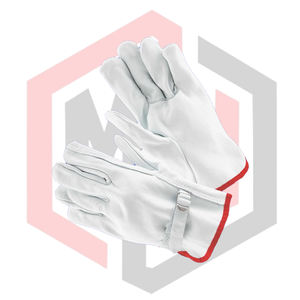 Guantes de seguridad para conductor de cuero granulado de vaca con correa, resistentes al desgarro, transpirables, antideslizantes, sin silicona, blancos con detalles rojos - Product Image 4