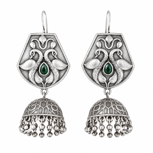 Proveedor Mayorista de Pendientes Jhumka con Diseño de Pavo Real, Baño de Plata Antigua, Zirconia con Corte de Pera y Engaste en Bisel, Clásicos para Boda - Product Image 1